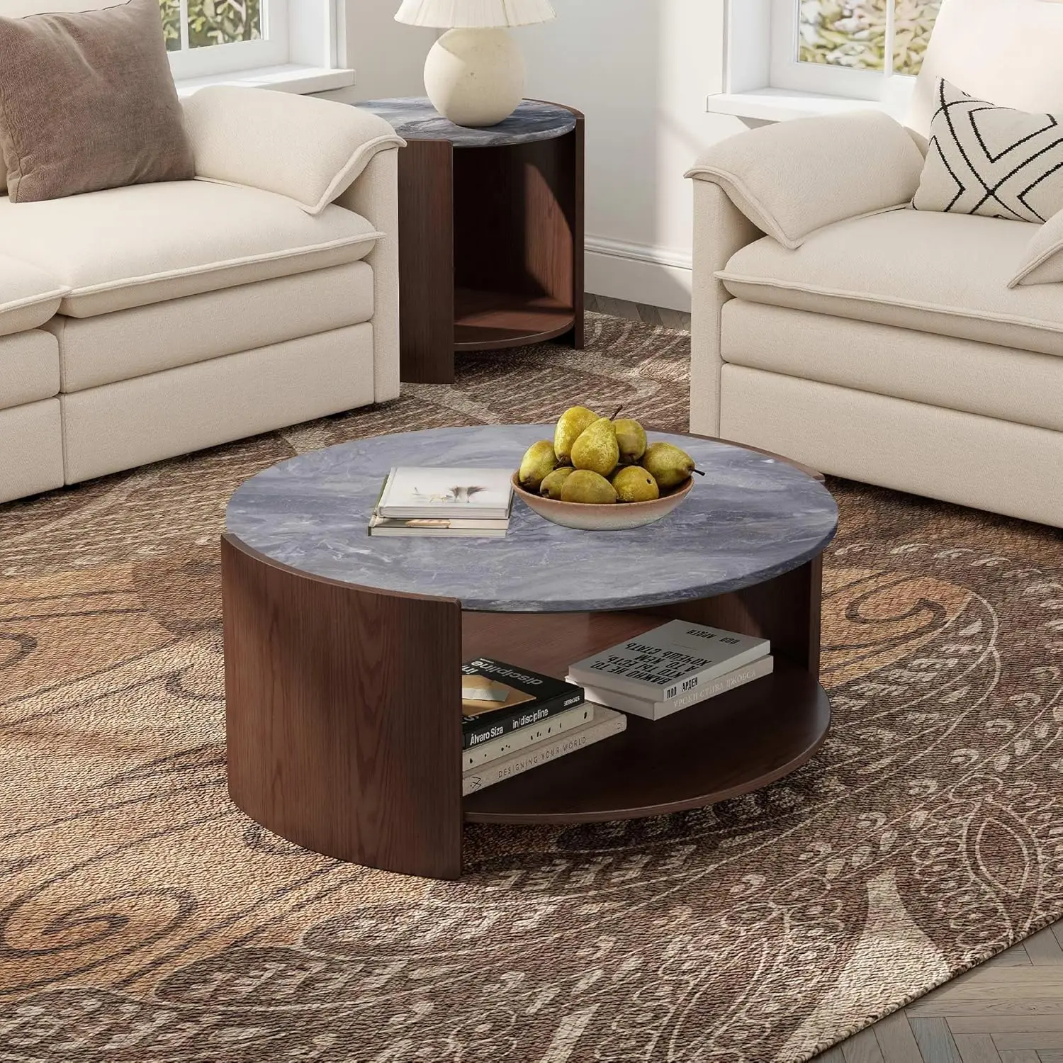 

37.5" Modern Farmhouse Round Coffee Table - Walnut Curved Table with Black Faux Marble Top