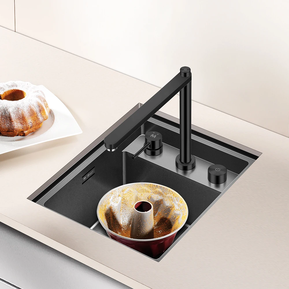 ASRAS Kitchen Sink Handmade Nano Grey Hidden Small Single Sink Standard Lifting Faucet