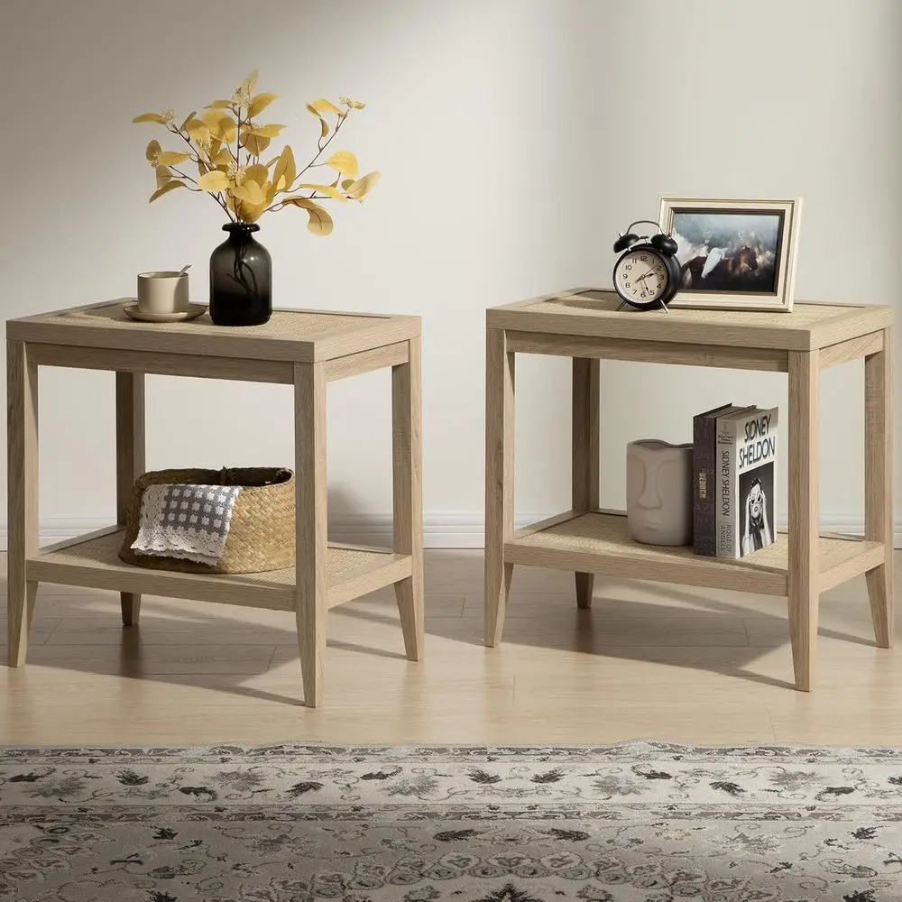 Rattan Nightstands Set of 2 - Boho Shelf Bedside Tables Narrow End Table Living Room Set of 2 Side Table with Rattan Storage She