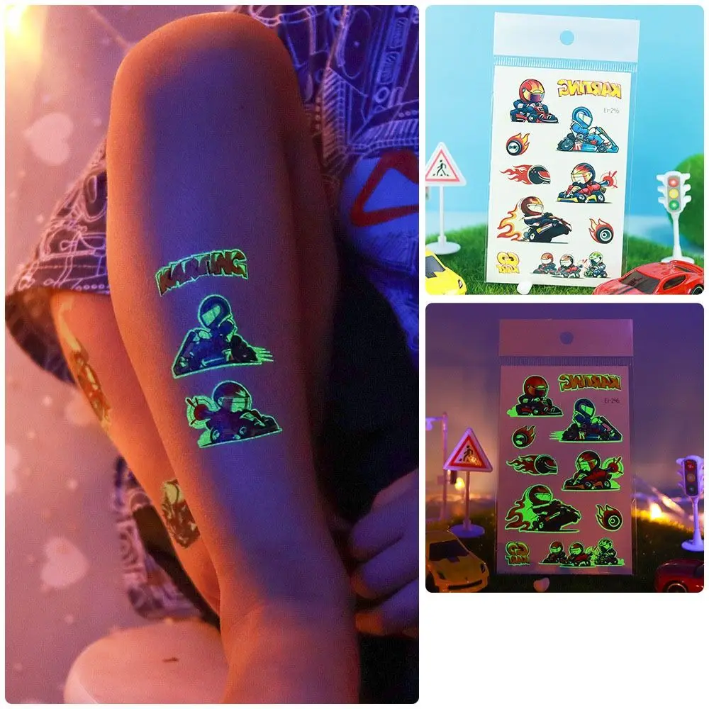 Autocollants de tatouage Shoous phosphorescents, imperméables, cool, moto de course, paillettes, 4 feuilles