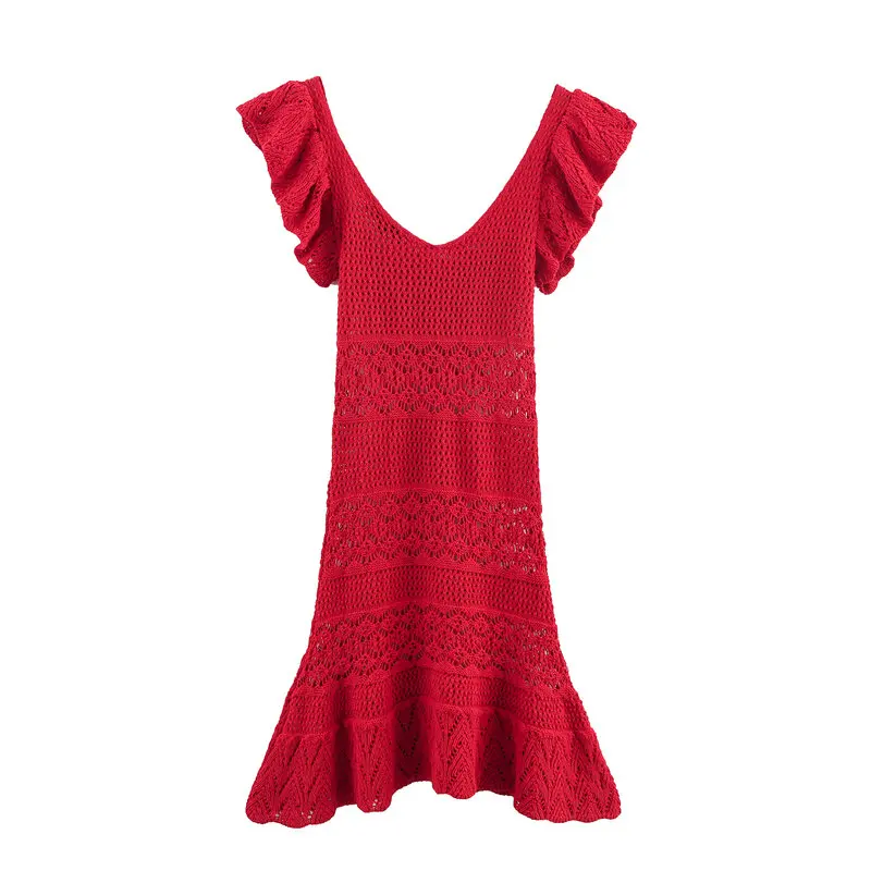 Novo Lançamento de Verão Vestido  de Malha com Decote em V para Mulheres Textura em Camadas 39903 Vestido de Cauda de P...