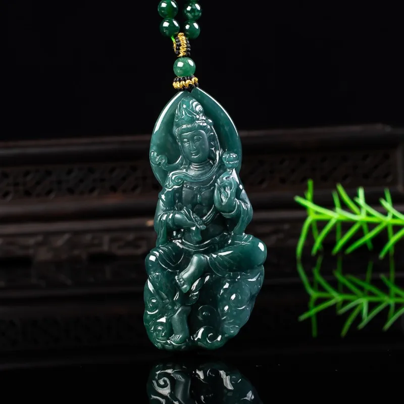 Natural Real Blue Water Jade Bodhisattva Pendant Necklace Carved Charm Jadeite Jewelry Fashion Amulet Woman Gifts Certificate