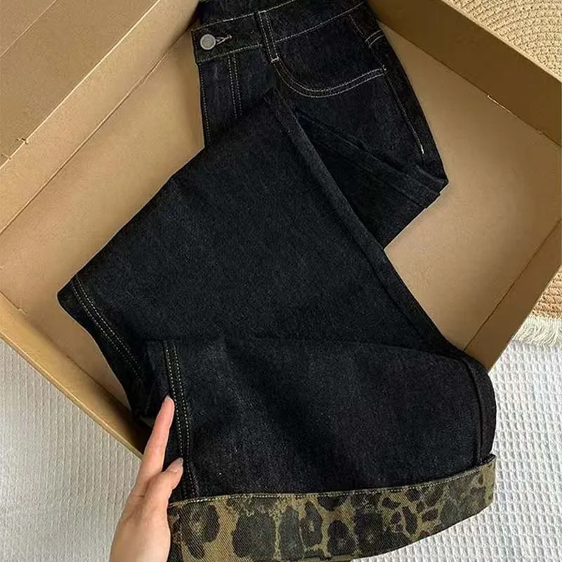 레트로 레오파드 프린트 여성용 청바지 가을 패션 와이드 레그 팬츠 Y2K 걸 하이웨이스트 루즈 스트레이트 팬츠 캐주얼 데님 바지