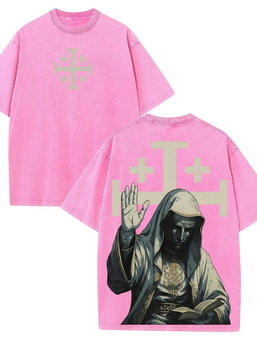 

Mens Washed Oversized T-Shirt With Medieval Crusader Knight Artwork Distressed Retro Fit