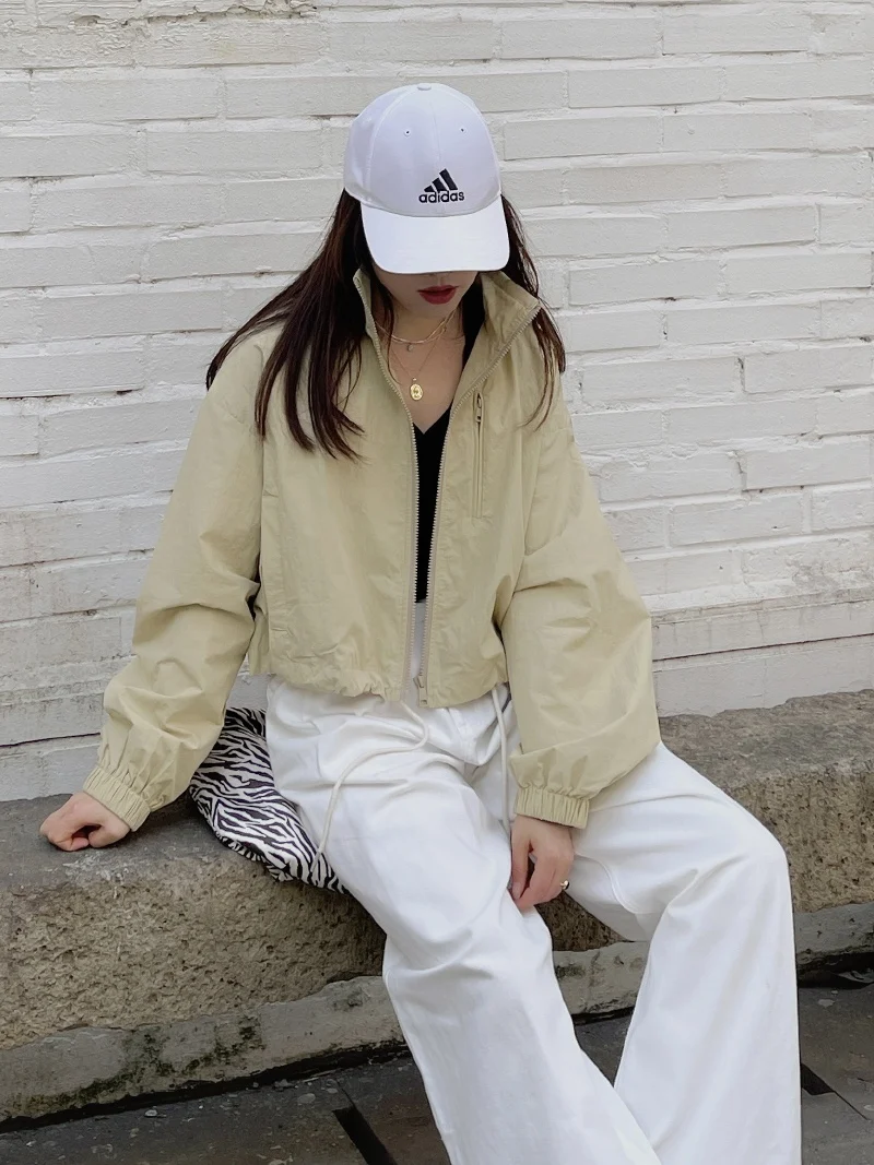 

Loose Korean Sle Stand Collar Zipper Sve Long Commuting Spring Outerwear Pure Color Versatile Casual Jaet