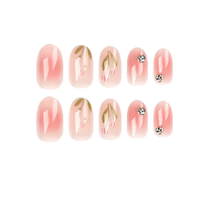 24 pz/set Rosa con Diamanti Tulipano Indossare Unghie Finte Art Rimovibile Riutilizzabile Unghie Finte Kit Acrilico Artificiale Presse su Nail Art