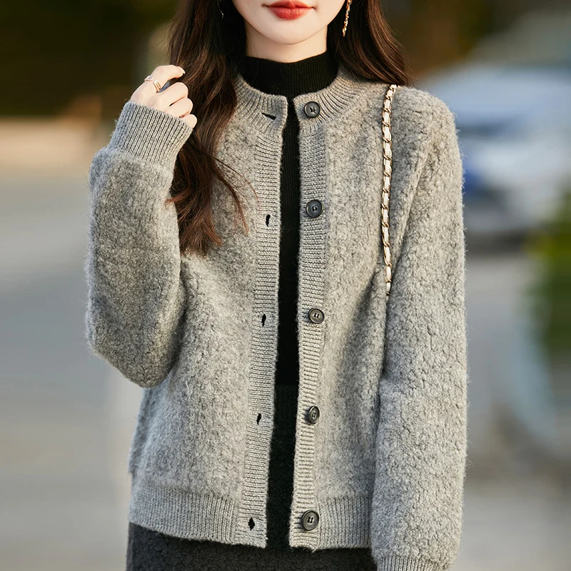 

Round Neck 100%Australian Wool Cardigan Women 2024 Autumn Winter Thick Sweater Coat Casual Knitwear Super Soft Loop Yarn Big Top