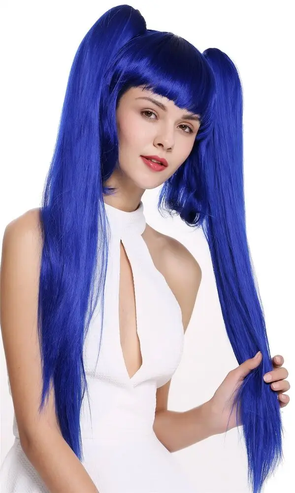 Parrucca da donna Cosplay Lolita corto Bob lungo liscio trecce rimovibili blu sintetico