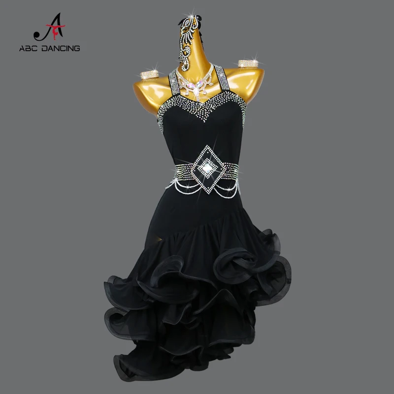 Novo preto vestido de competição de dança latina sexy feminino halter roupas meninas trajes de salão usar bodycon saia curta personalizado