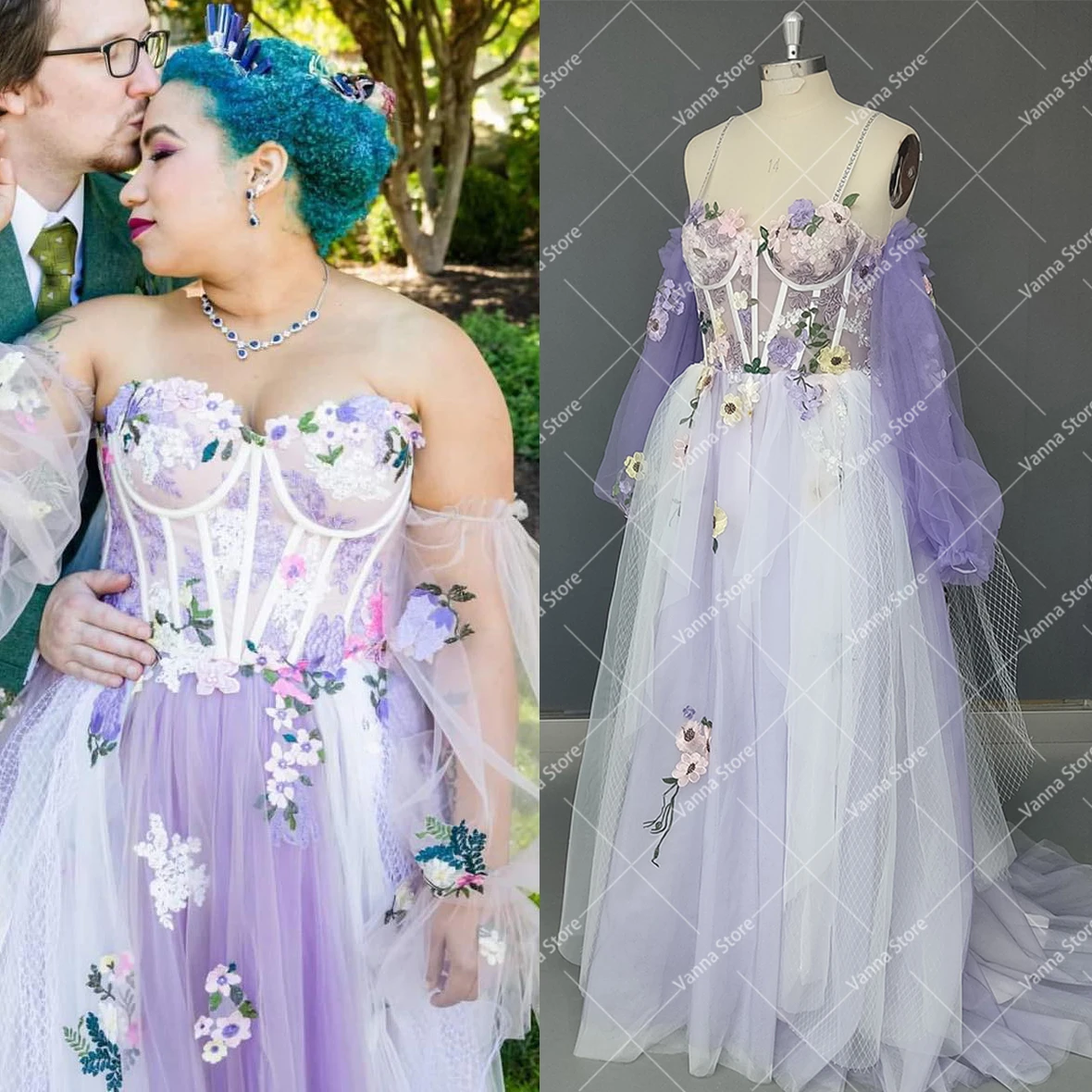 Customized Blossom Garden Colored Wedding Dress Corset Bustier Boning Lilac Embroidery Tulle Lace Floral Evening Prom Gowns