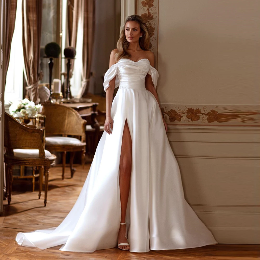 

Sexy White Satin Wedding Dresses Off the Shoulder Vestidos De Novia Long Pearls High Side Slit White Dress Women Elegant Party