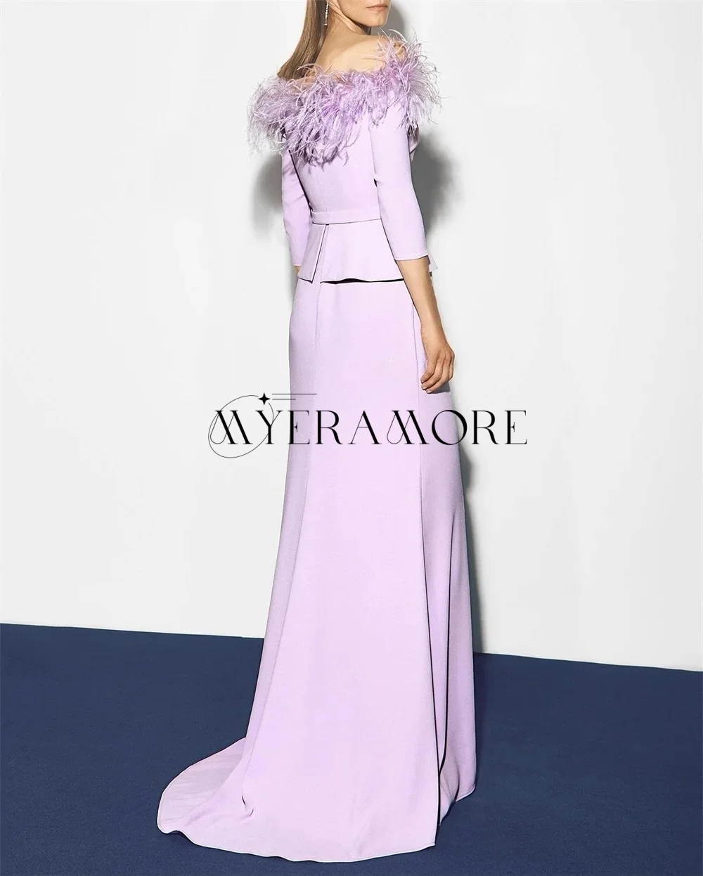 فساتين سهرة أرجوانية رائعة قبالة الكتف 3/4 كم حورية البحر ريشة فساتين حفلة موسيقية مخصصة فساتين السهرة