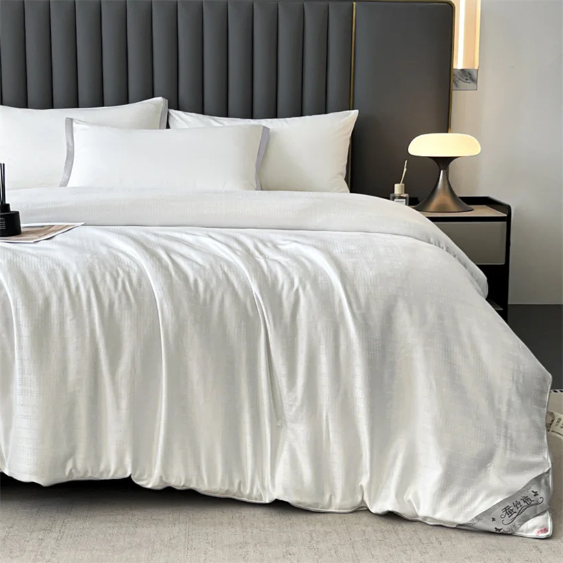 100% Real Mulberry Silk Duvet, Long-strand Silk Filling, Jacquard Cotton Cover Silk Comforter, Soft Bed Quilt for All Seasons