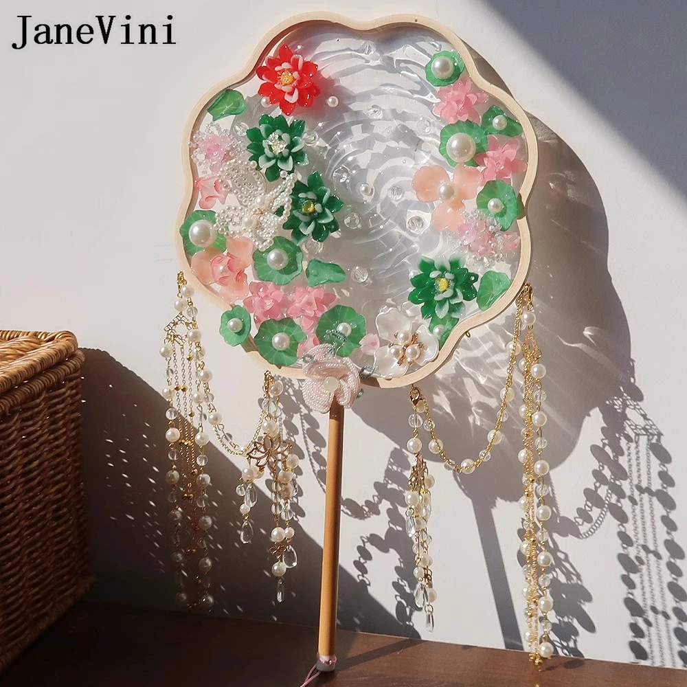 JaneVini Chinese Bridal Fan Traditional Tassel Lotus Beaded Pearl Flowers Bride Wedding Bouquet Hanfu Dance Display Group Fans