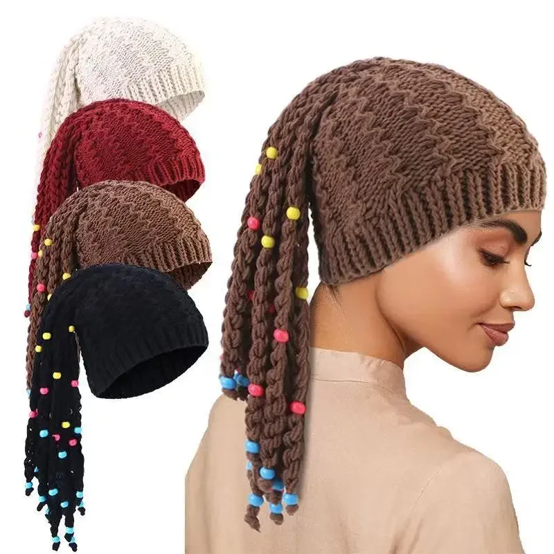 Women Colorful Bead Braided Wig Hat Long Fringe Knit Beanie Boho Style EU US