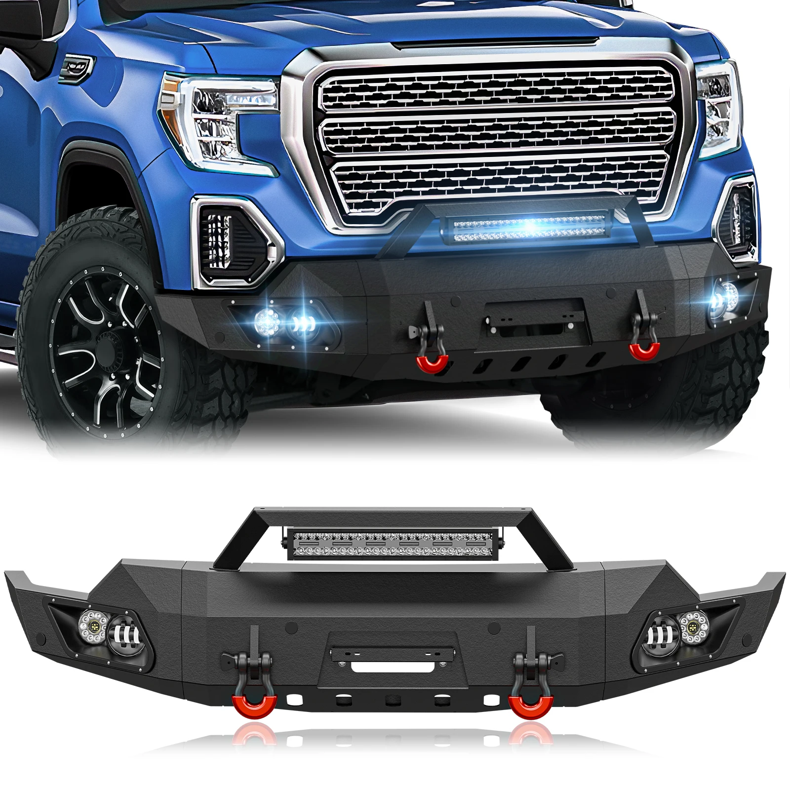 

Front Bumper with Winch Plate, Sensor Holes, License Plate Frame & D-rings for 2019-2021 Sierra 1500 & 2022 Sierra 1500 Limited