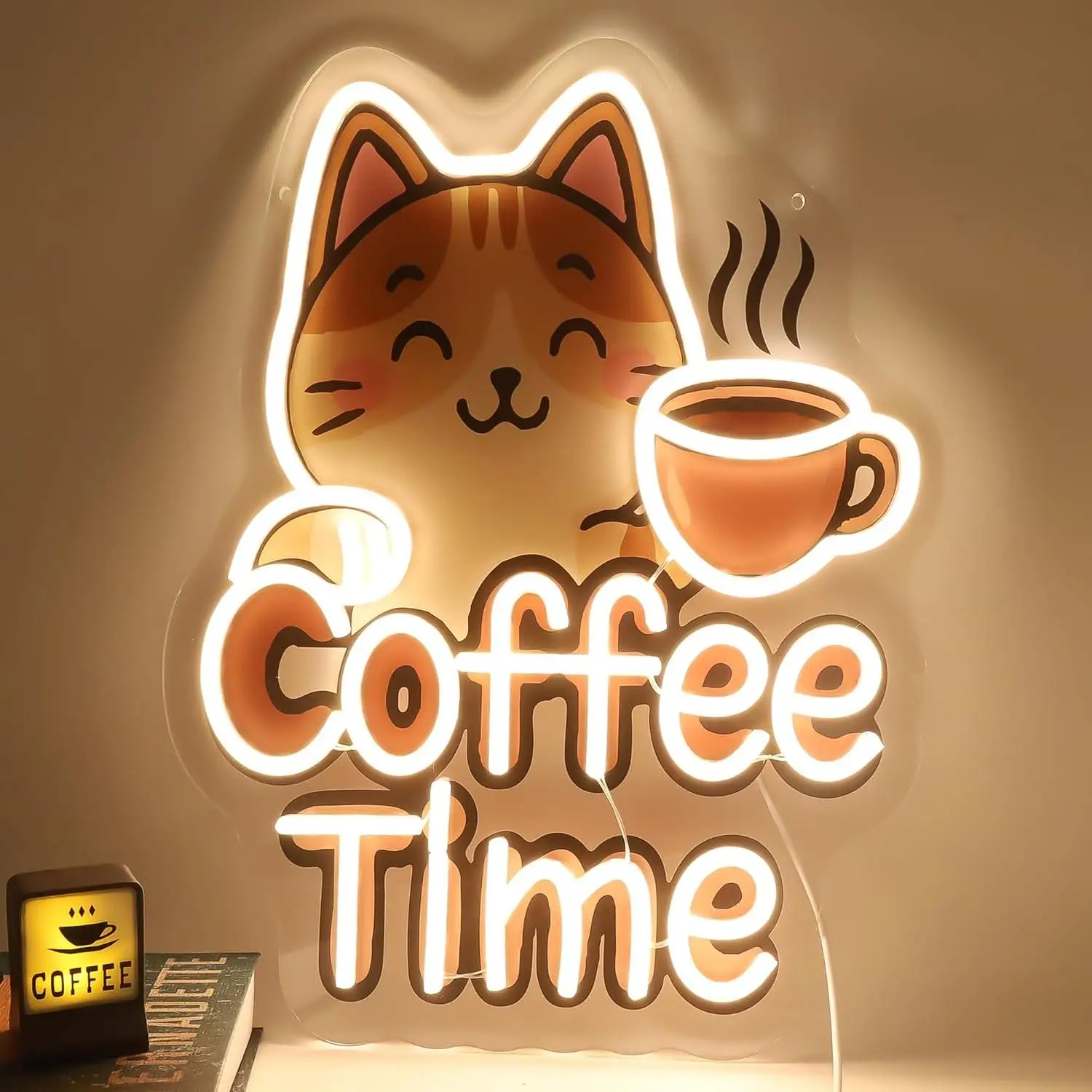

Coffee Neon Sign Coffee Time Cute Cat LED Light for Coffee Shop Kitchen Dining Room Office Coffee Station Bar Office Decor Gifts
