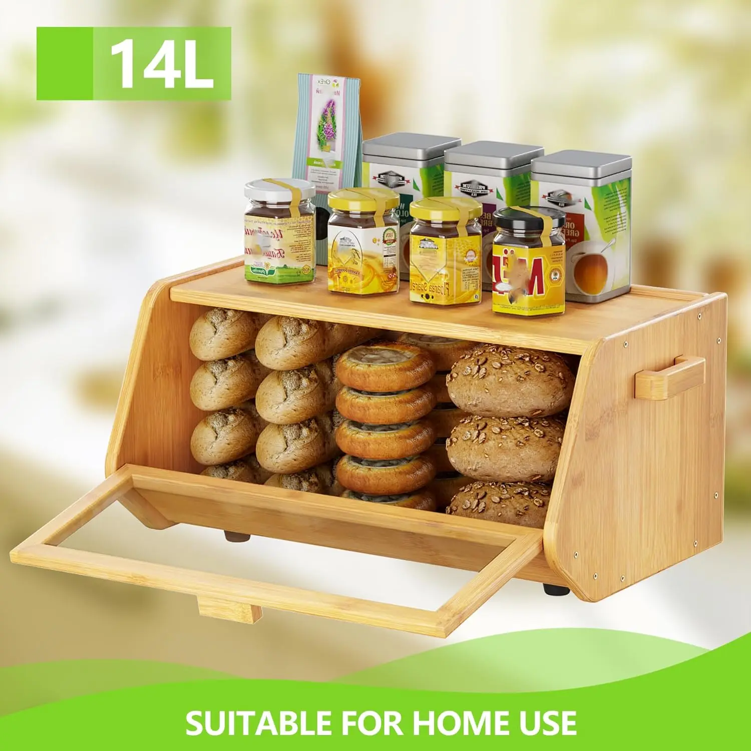 Bamboo Bread Box keep The Bread Fresh For Kitchen Counter-Large Capacity Wooden Bread  Container Farmhouse Bread Box with Window