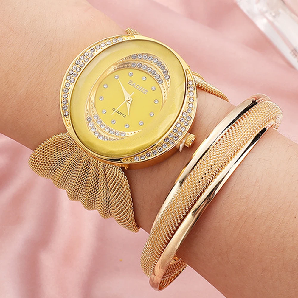 Bangle Watch Set Women Quartz Watches Luxury Gold Metal Tassel Mesh Wide Band Bracelet Reloj New Diamond Clock Ladies Wristwatch