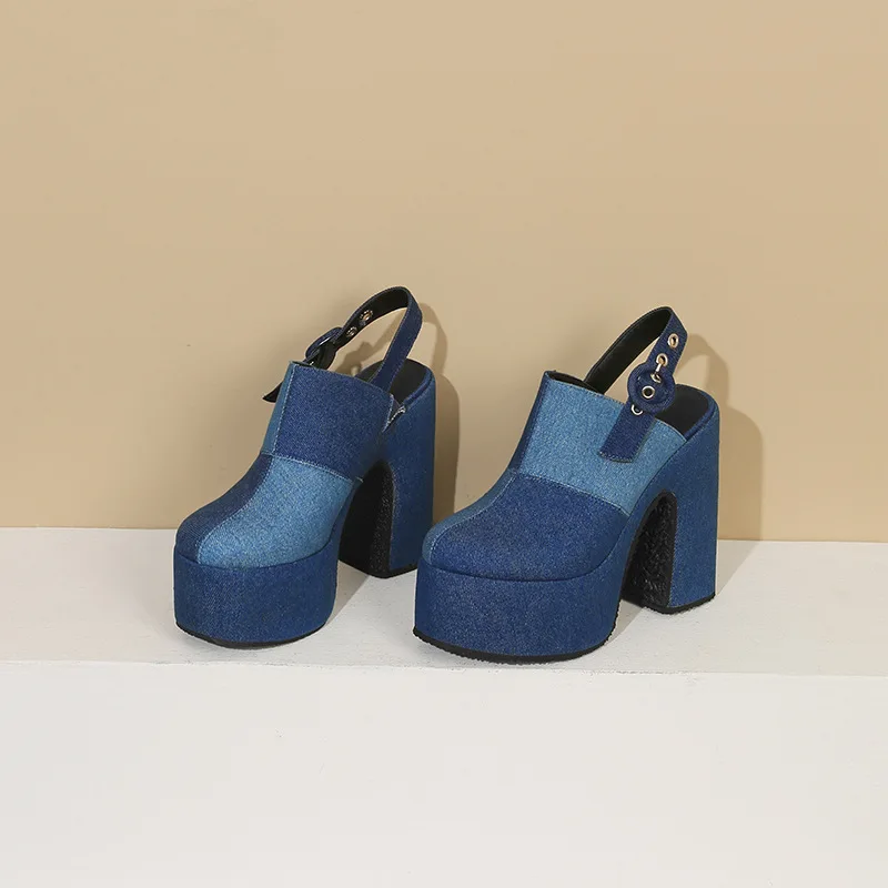 2023 European and American Large Denim Cloth Wrapped Sandals Women\'s Color Block High-heeled Thick Soled Open Toe Sandals