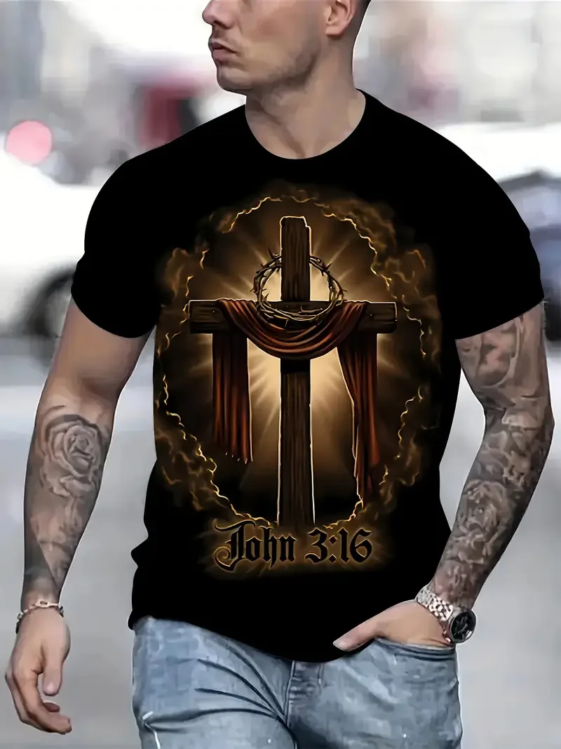 Summer Men\'s T-Shirt God Religion Christ Jesus Cross 3D Print Hip Hop Loose Short Sleeve Streetwear Oversized Vintage T Shirts