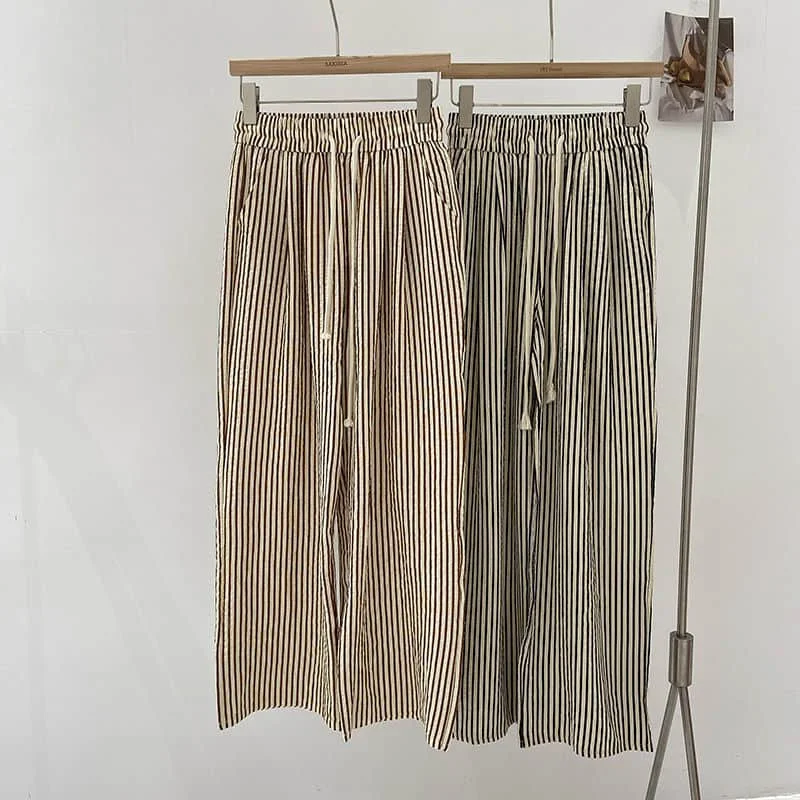 Calças listradas de perna larga de cintura elástica feminina, calça reta, estilo coreano, roupas casuais, vintage, verão, venda