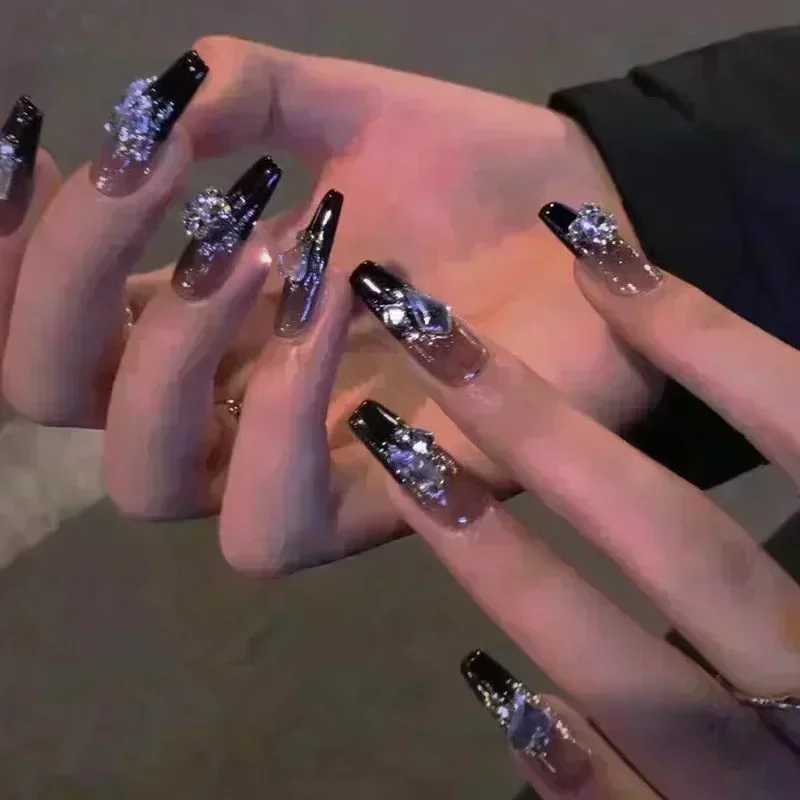 

24Pcs False Nails French Gradient Ballet Fake Nails Press on Nails Black Heart Rhinestone Design Glitter Full Cover Nail Tips