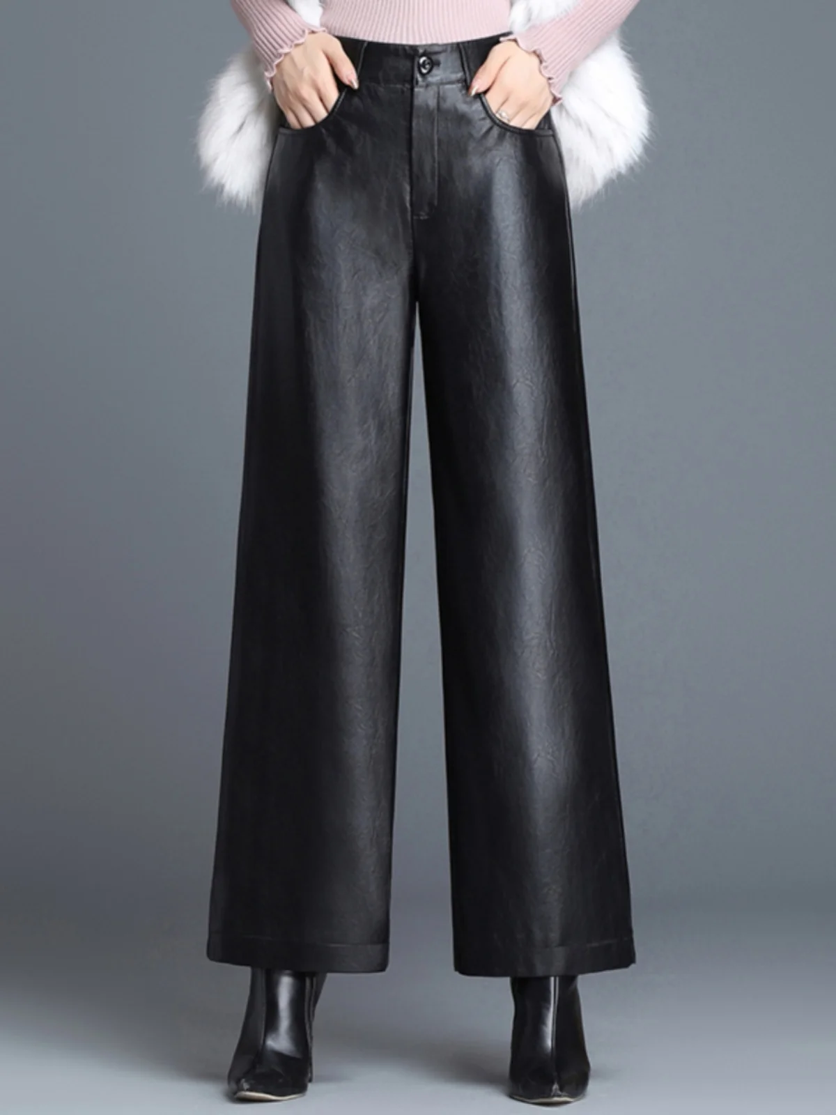 Spodnie damskie z wysokim stanem, szerokie nogawki, casualowe, ze skóry PU, długie spodnie na jesień i zimę, proste spodnie.
