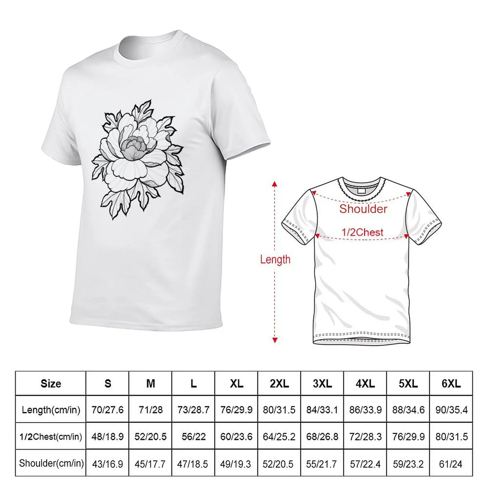 Peony flower tattoo style T-Shirt t shirt man plain t shirts for man cotton t shirts cotton 100% T-shirt
