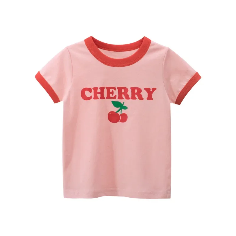 Children\'s Wear 2023 Summer Girls Cherry Pattern Pink Cute Cotton Short-sleeved T-shirt