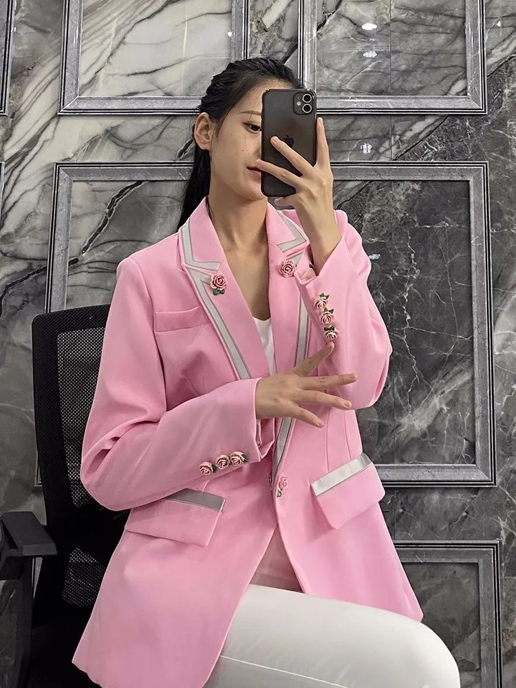 Fashion Office Ladies Pink Blazer Suit Jacket Sweet Flowers Designer Women Casual Blazer Tops Spring New Loose Fit Work Coats