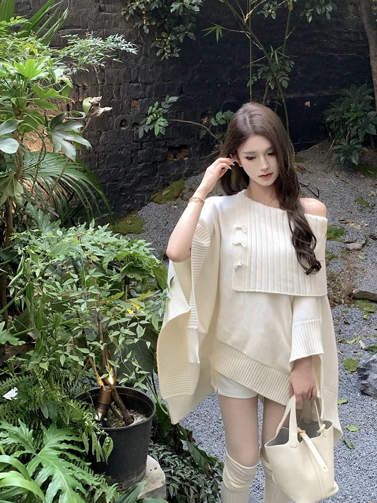 Lazy Style Women Fall Winter Fashion Knitted Shawl Sweater Sexy Off Shoulder Irregular Cloak Top White Oversize Loose Pullover