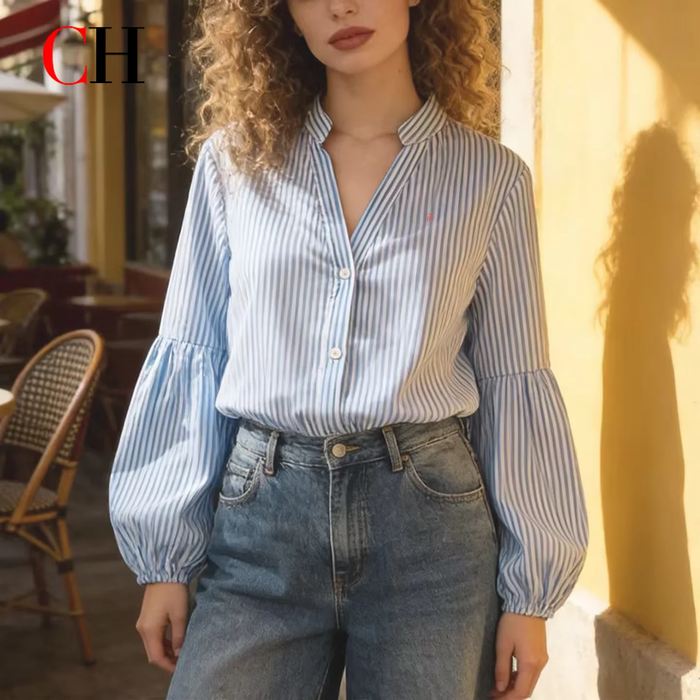 

CH Stripe Embroidered Long Sleeve Shirt Women French Elegant V Neck Lantern Sleeve Breathable Casual Daily Tops