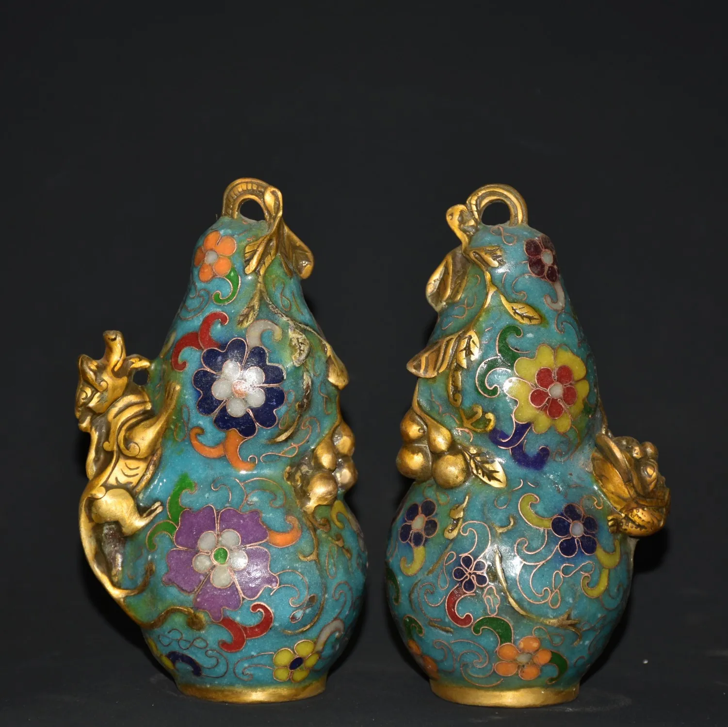 

6"Tibetan Temple Collection Old Bronze Cloisonne Gilt brave troops Jinchan gourd a pair Gather fortune ornament Town house