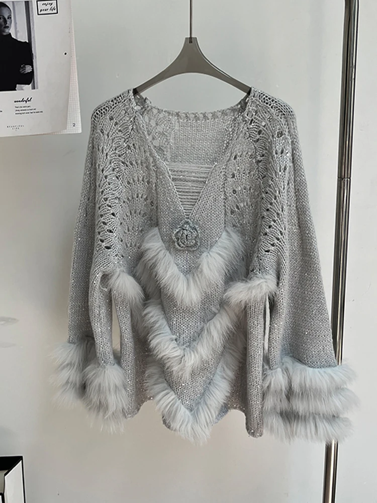 

Women Autumn Loose Knitted Pullover With Real Fox Fur Stripe Long Sleeve Female Casual O-neck Outerwear