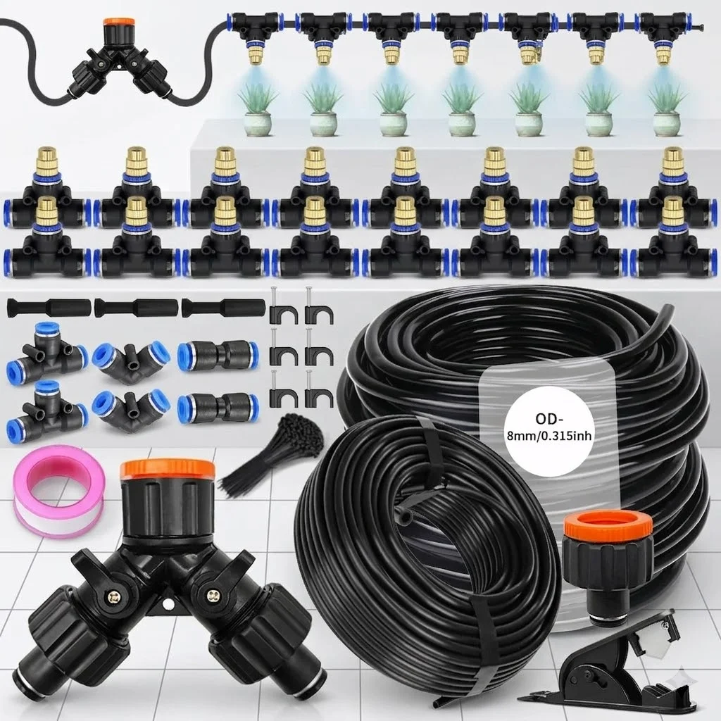 30-5M 5/8mm Hose Watering System with Brass Atomizing Nozzle for Garden Vegetables Plants Mist Spray Cooling