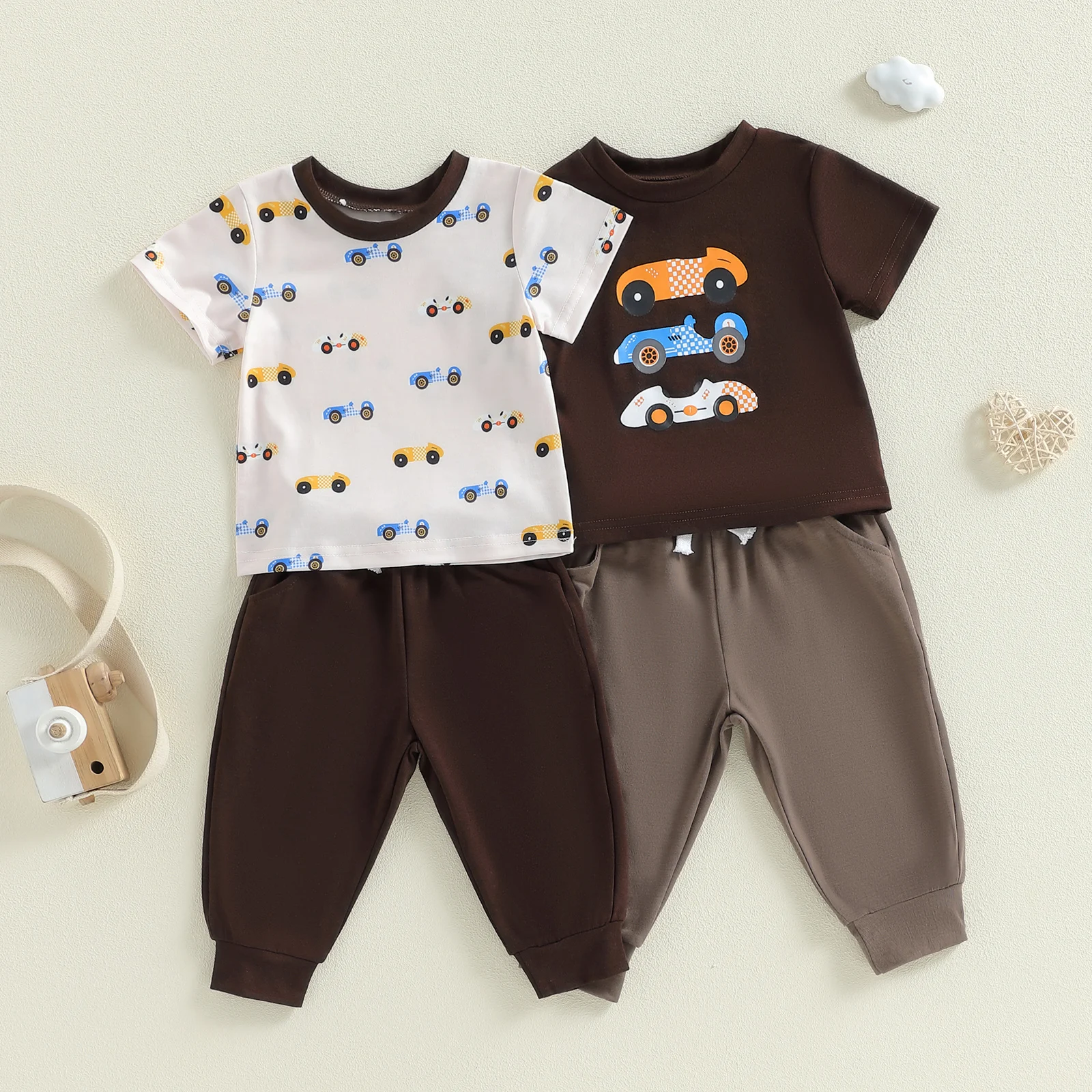 

Летняя одежда для маленьких мальчиков 0–3 лет, повседневная одежда, модные футболки с короткими рукавами и однотонные штаны с принтом автомобиля, комплект из 2 предметов