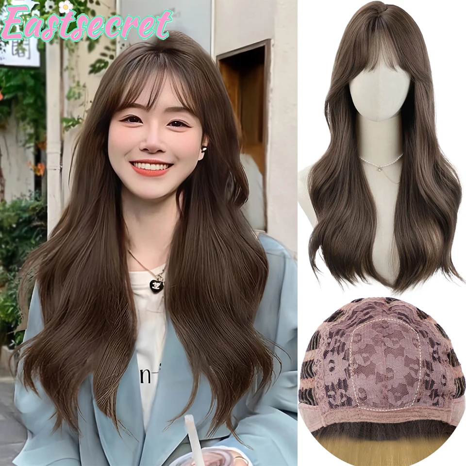 EAST WIGS Popular Cold Brown Long Deep Wave Hair Lolita Wigs With Bangs Synthetic Wig For Women Fashion Thick Curls Wigs Girl