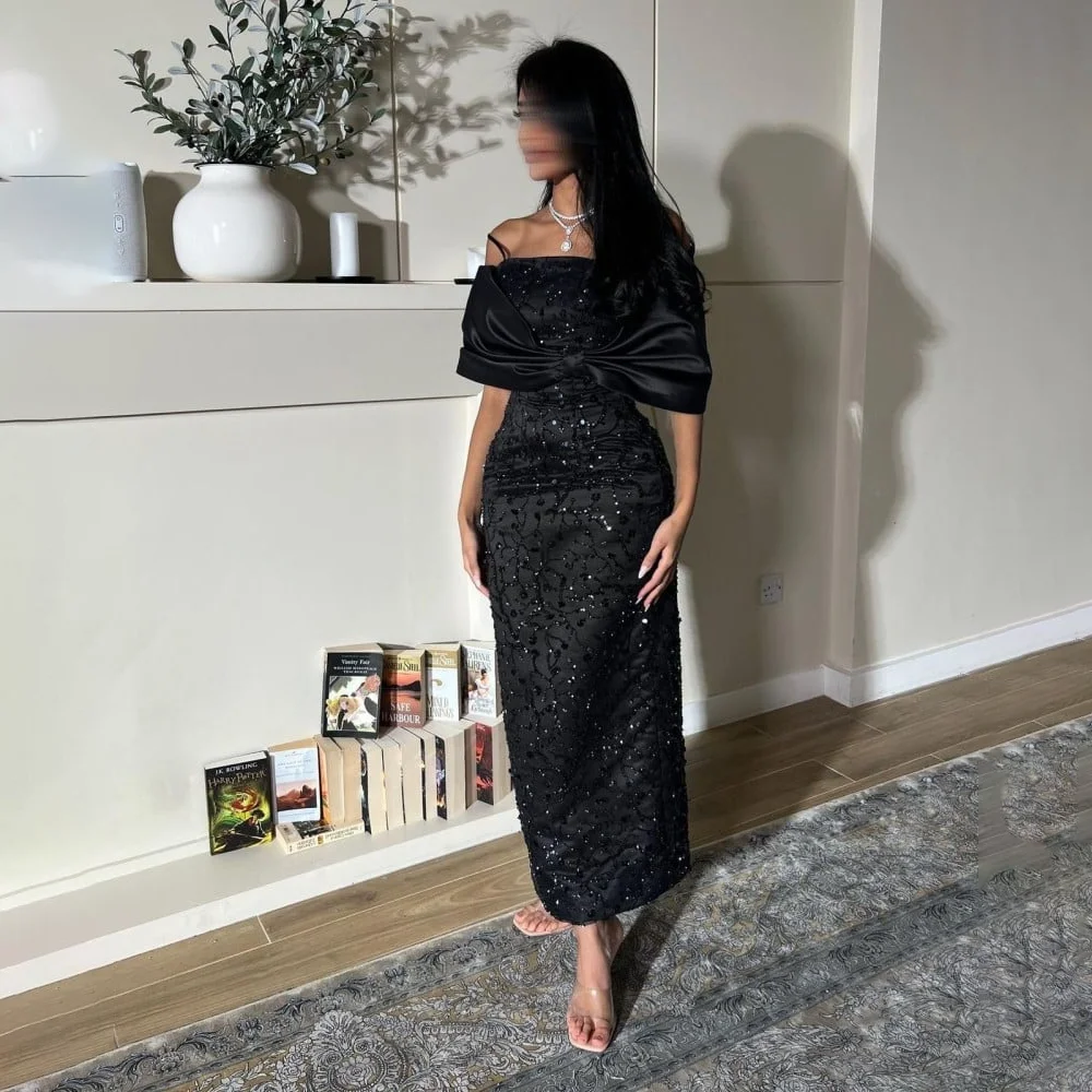 

Black Evening Dresses Mermaid Off The Shoulder Ankle-Length Straight Navy Prom Gown Luxury Beading Sequins Party Gown Customized