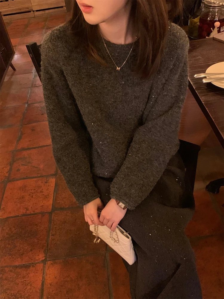 

Вязаный свитер FUGUI RICH с блестками, круглый вырез, длинный рукав, осенняя новинка, женский, премиум-класса, из смесовой ткани (полиэстер и шерсть)