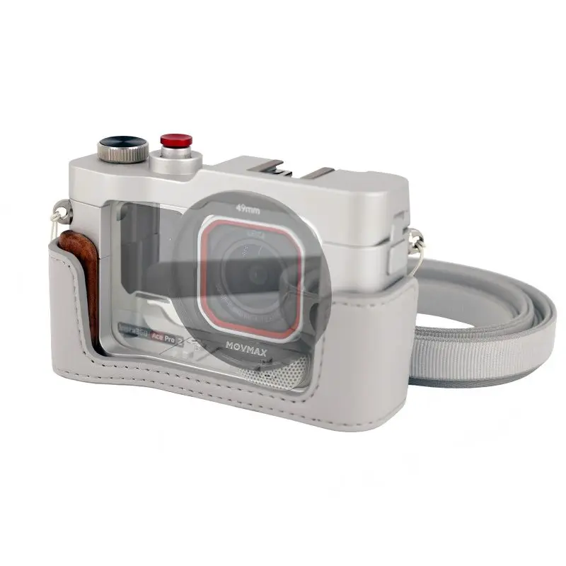 Movmax Vintage Camera Cage Leather and Metal Cover with Shoulder Strap for Insta 360 Ace Pro 2 / DJI Osmo Action 6 5 Pro 3/4