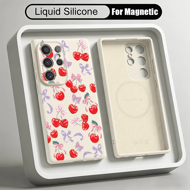 Cherry Pattern Liquid Silicone Phone Case For Samsung Galaxy S26 S25 S24 S23 S22 Ultra Plus Magnetic For Magsafe Soft Back Cover view 2