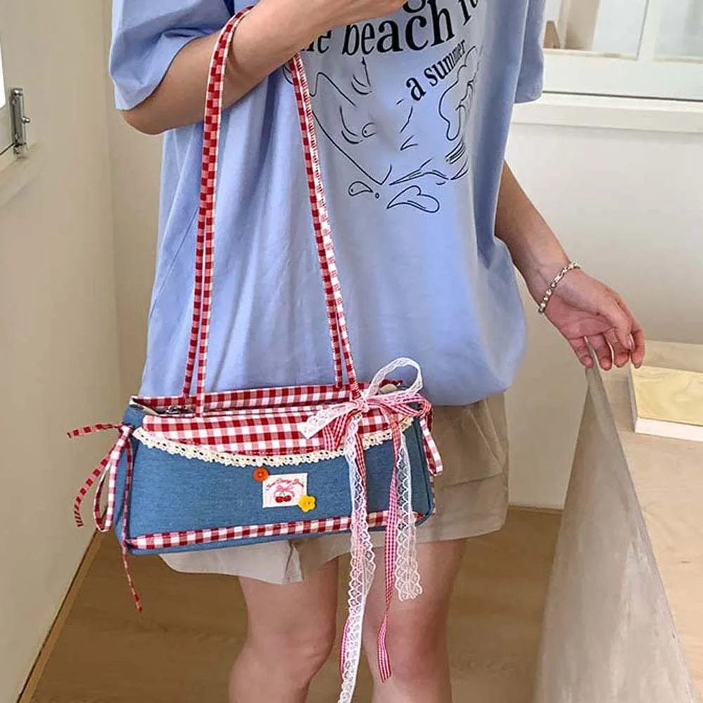 

All-match Sweet French Stick Handbag Denim Blue Bow Plaid Shoulder Bag Large Capacity Contrast Color Cloth Underarm Bags Daily