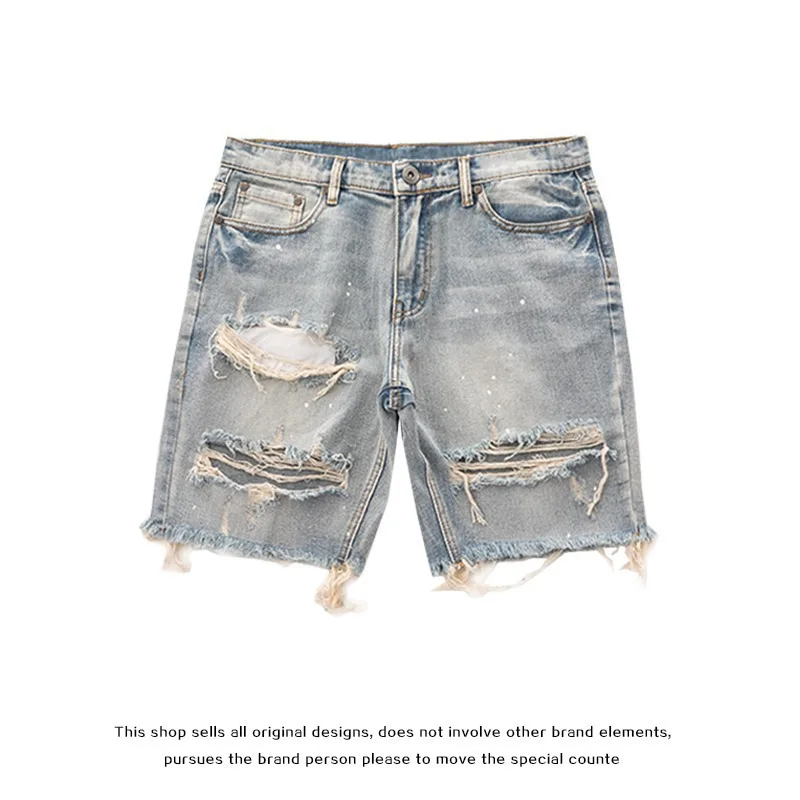 High Street Retro Ripped Shorts Men's Large Size Old Rough-edged Beggar Denim Five-point Pants