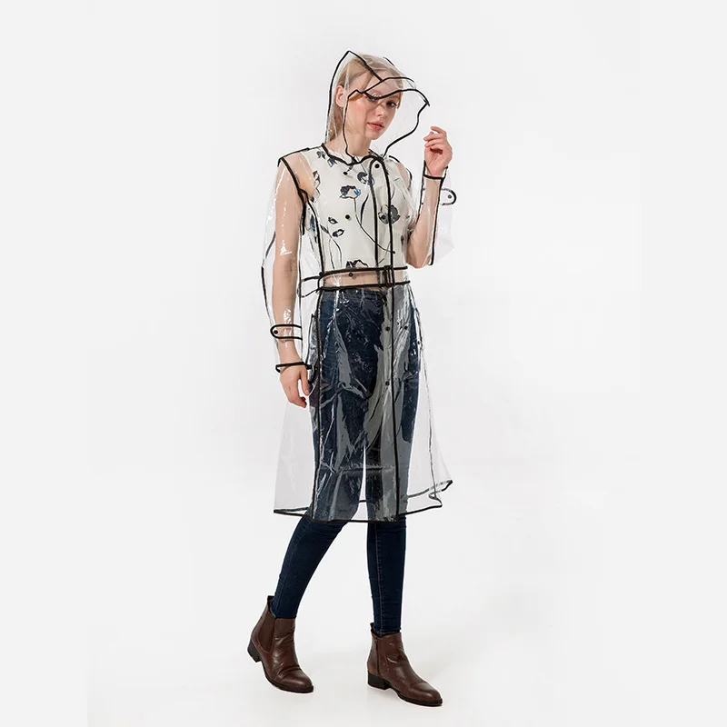 Fashion EVA Transparent Belted Outdoor Stylish Windbreaker Raincoat Long Lightweight Portable Travel Waterproof Rain Poncho