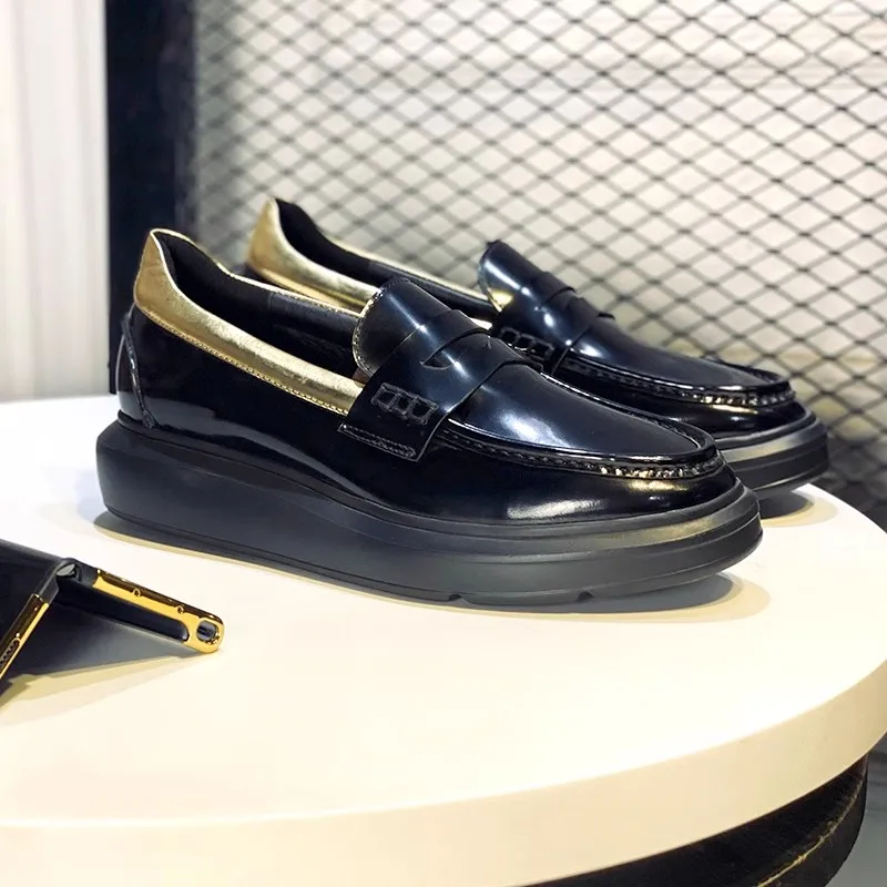 

Flat men's shoes spring and summer new leather thick sole heightened color block foot loafers large size small size casual shoes