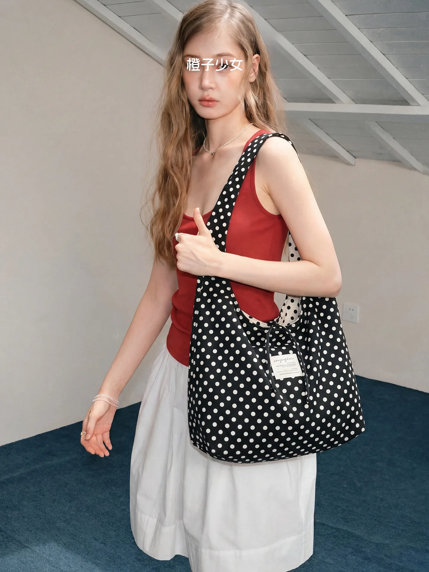 

Large Capacity Canvas Tote Bag Retro Black White Polka Dot Single Shoulder Bag for Women Reversible Orange Girl Korean Style