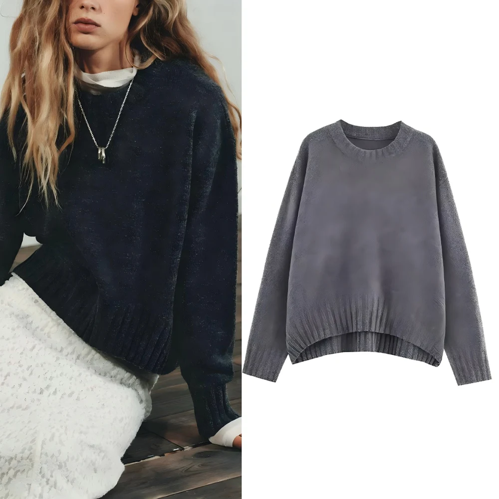 

Women's new fashion casual versatile O Neck soft texture ribbed knitted sweater retro long sleeved women's pullover chic top