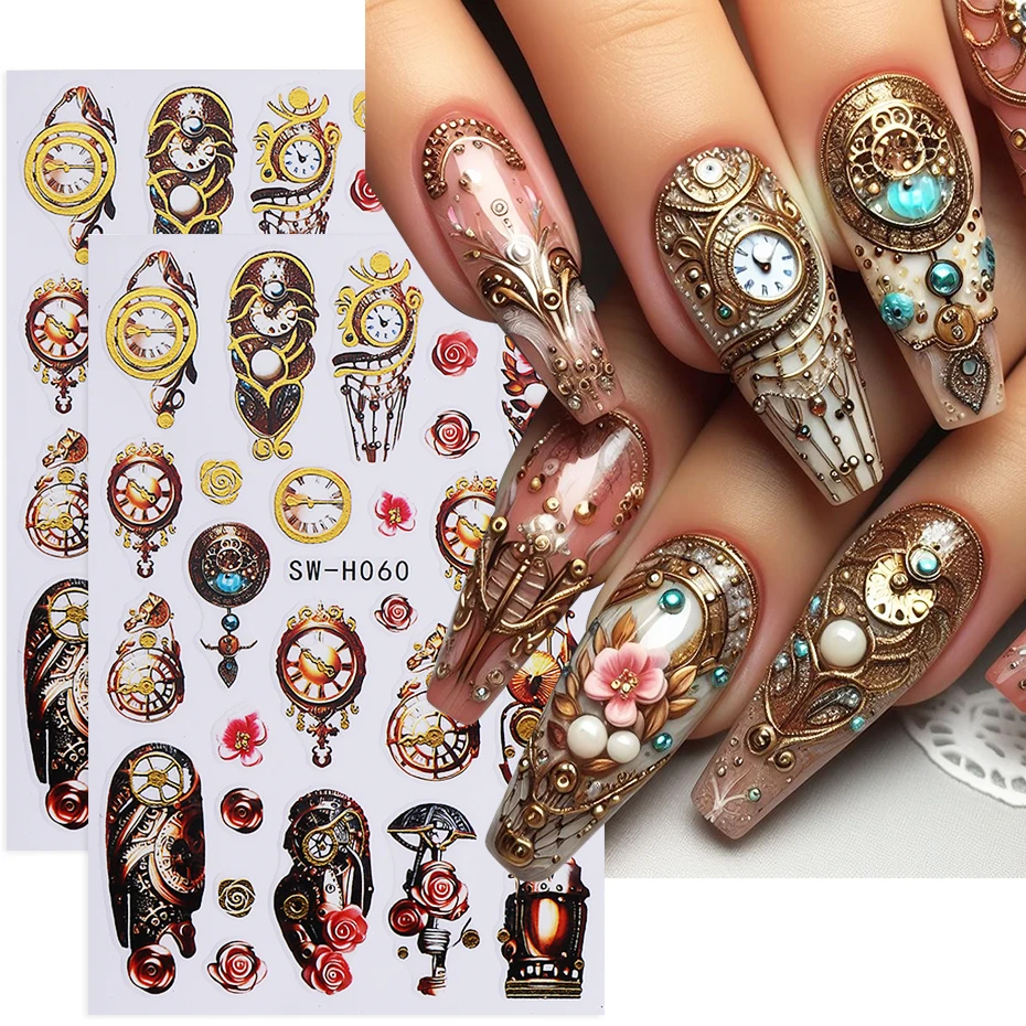2pcs New Year Nail Art Stickers Self-Adhesive Retro Clock Rose Flower Gears Nail Decals Manicure Decoration Slider Nail Supplies