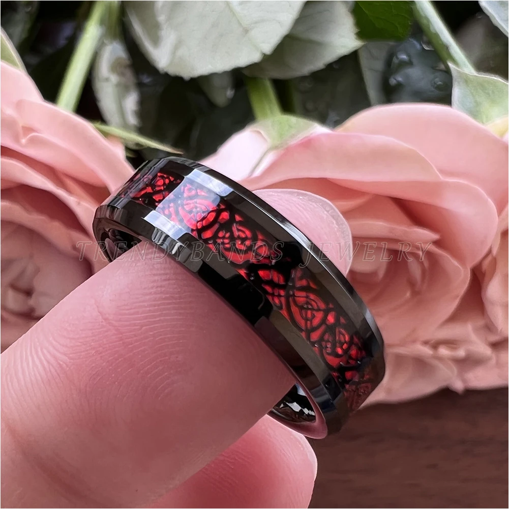 6mm 8mm Mens Womens Black Tungsten Carbide Ring Wedding Band Polished Shiny Red Opal Dragon Inlay Comfort Fit with Beveled Edges